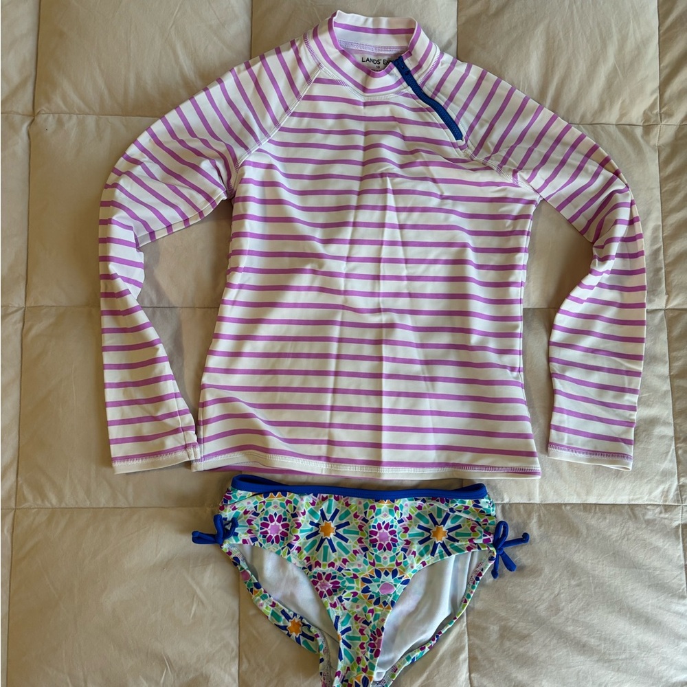 Lands' End Kids Striped Rash Guard Set - Purple, White and Blue